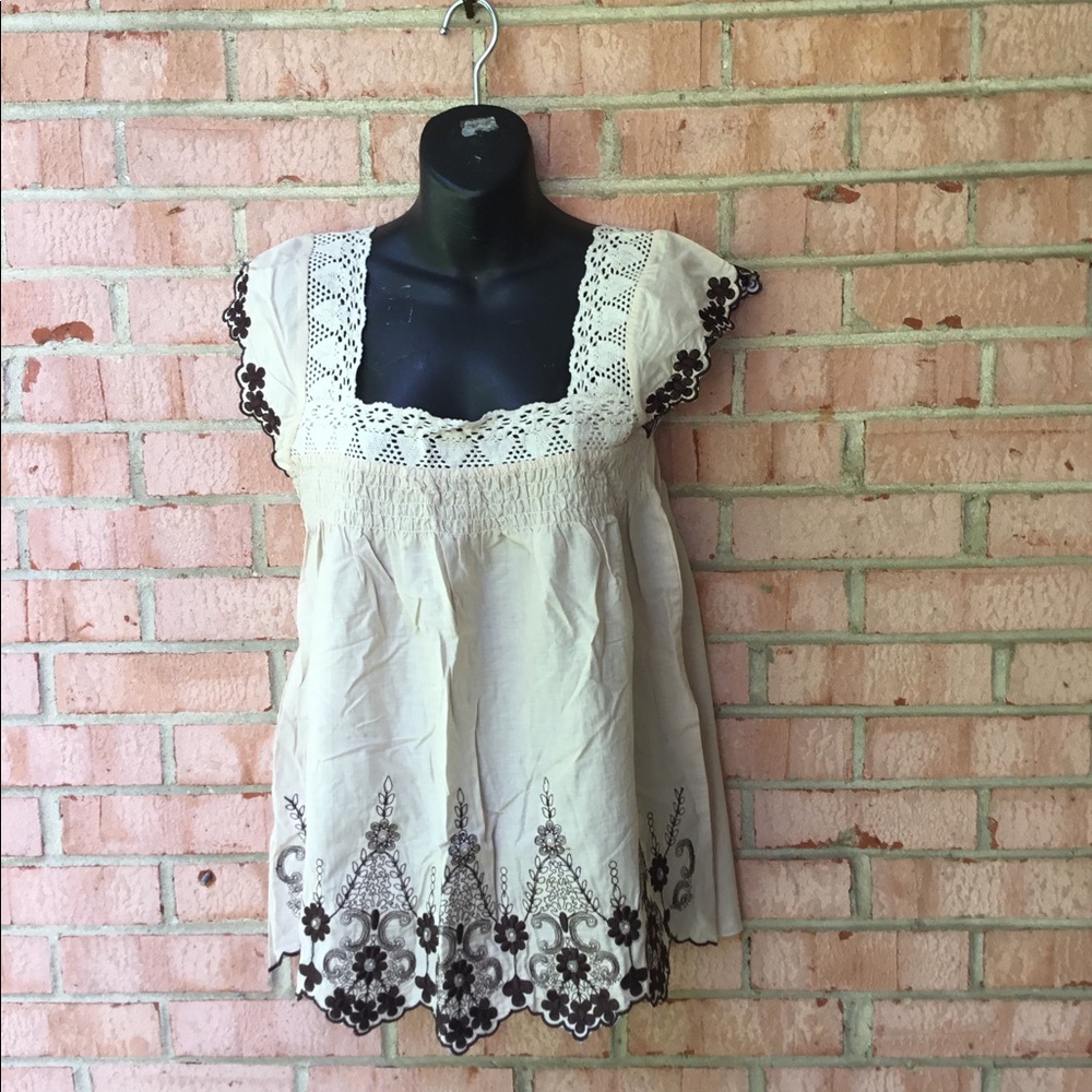Tan embroidered peasant top